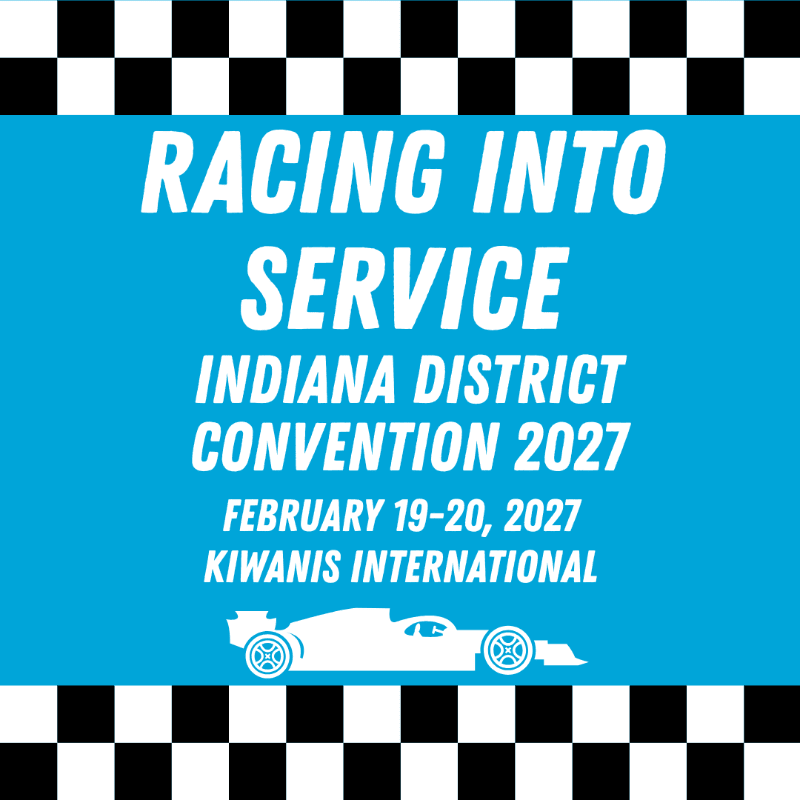 A white race car is in the foreground against a bright blue background with text about the Indiana District Convention 2027, framed by a black and white checkered pattern.