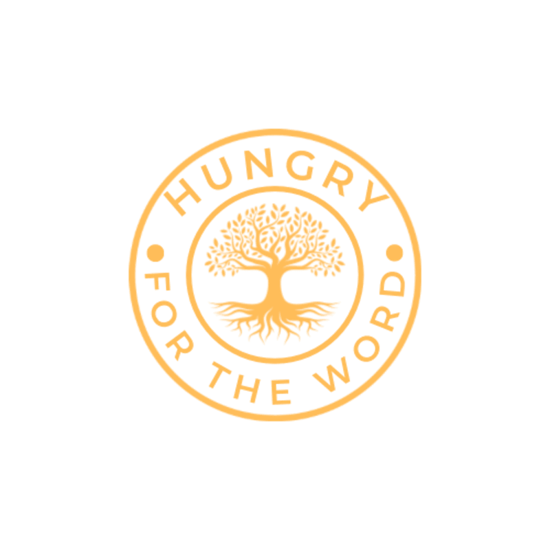 A circular logo with the words "HUNGRY FOR THE WORD" encircling a stylized tree with prominent roots, all set against a white background.