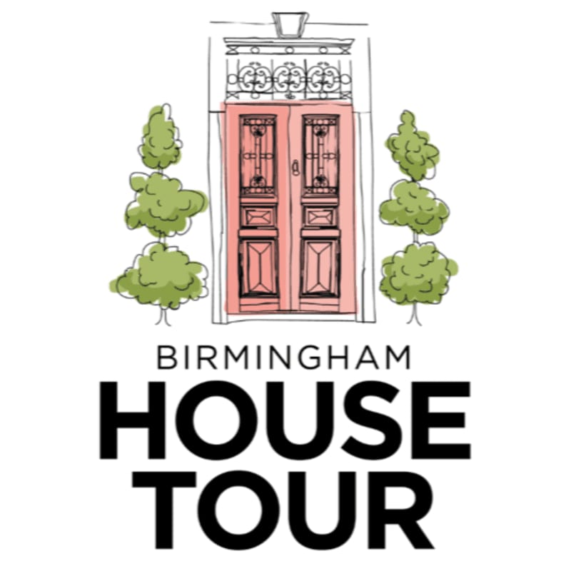 A sketch of a pink double door with decorative windows and flanking trees is centered above the bold text "BIRMINGHAM HOUSE TOUR."