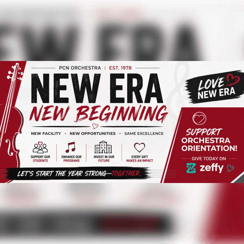 A stylized graphic for PCN Orchestra's "New Era, New Beginning" campaign features a violin silhouette in the foreground and a blurred background with the orchestra's name.