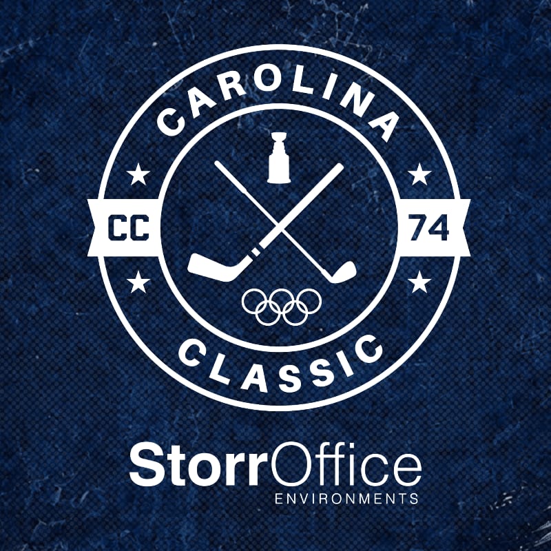 A white circular logo with crossed hockey sticks and the Stanley Cup is centered on a dark blue textured background, with "StorOffice ENVIRONMENTS" text below.