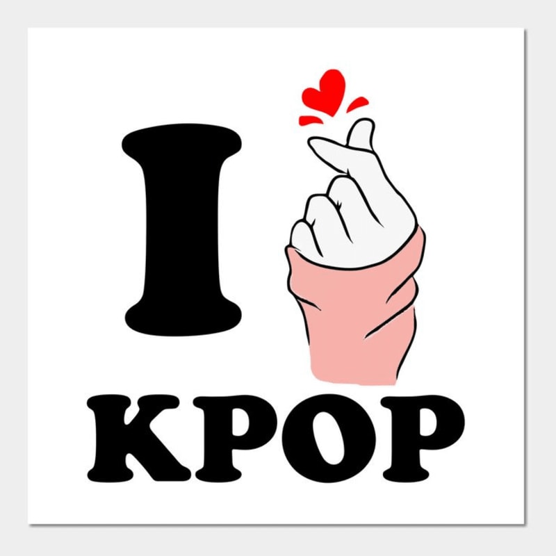 A black "I" and the word "KPOP" in black text are in the foreground, with a hand forming a heart gesture in pink sleeves in the middle, all on a white background.