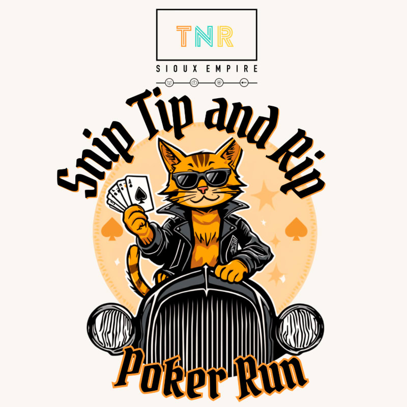 A cool cat in sunglasses and a leather jacket holds playing cards while sitting in a vintage car, with "Snip Tip and Rip Poker Run" text and a TNR Sioux Empire logo in the background.