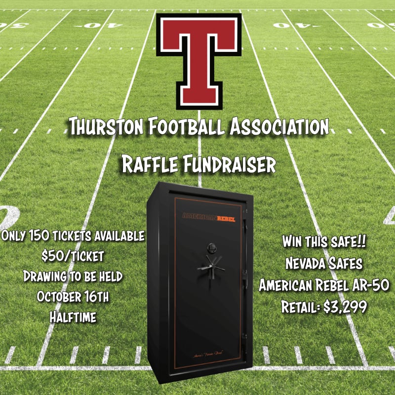 A raffle fundraiser for Thurston Football Association is advertised with a large safe in the foreground against a football field background.