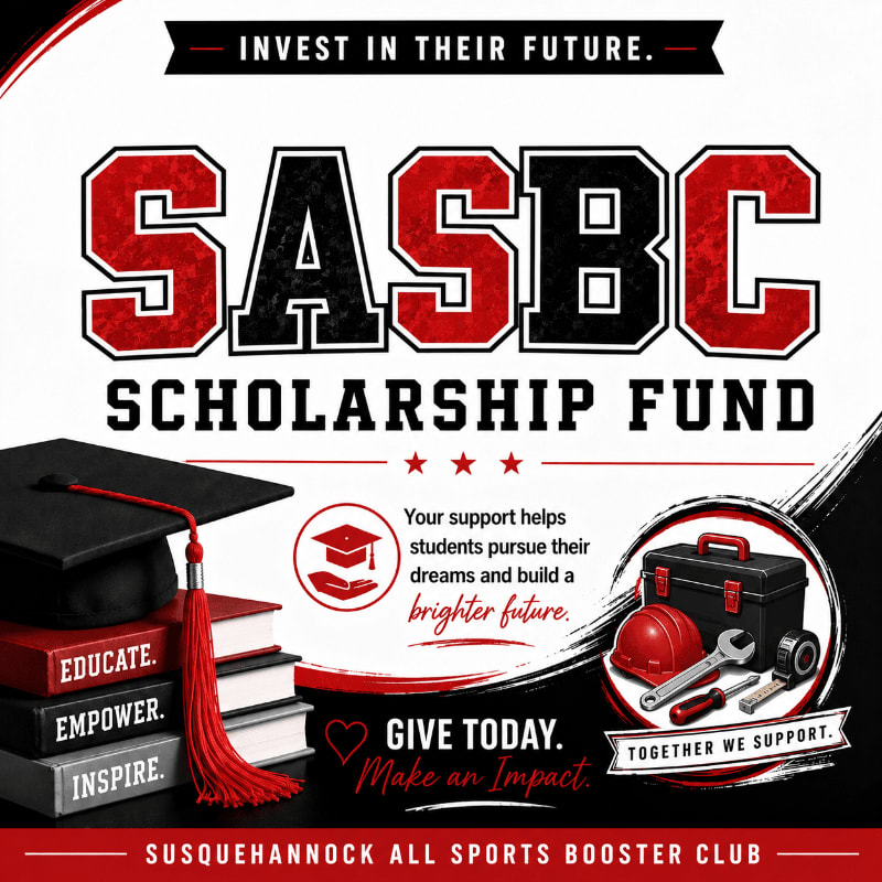 A stack of books topped with a graduation cap sits in the foreground, while the background features the "SASBC SCHOLARSHIP FUND" logo and a toolbox with tools.