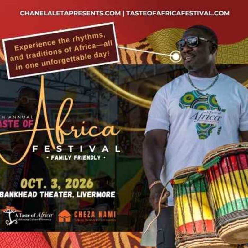 A man in a white t-shirt with an African map design stands in the foreground with drums, while the background features a banner for the "Taste of Africa Festival" with event details.