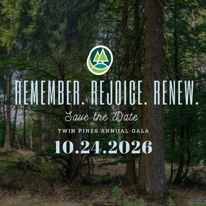 A serene forest with tall trees in the background frames the text "REMEMBER. REJOICE. RENEW. Save the Date TWIN PINES ANNUAL GALA 10.24.2026" in the foreground.