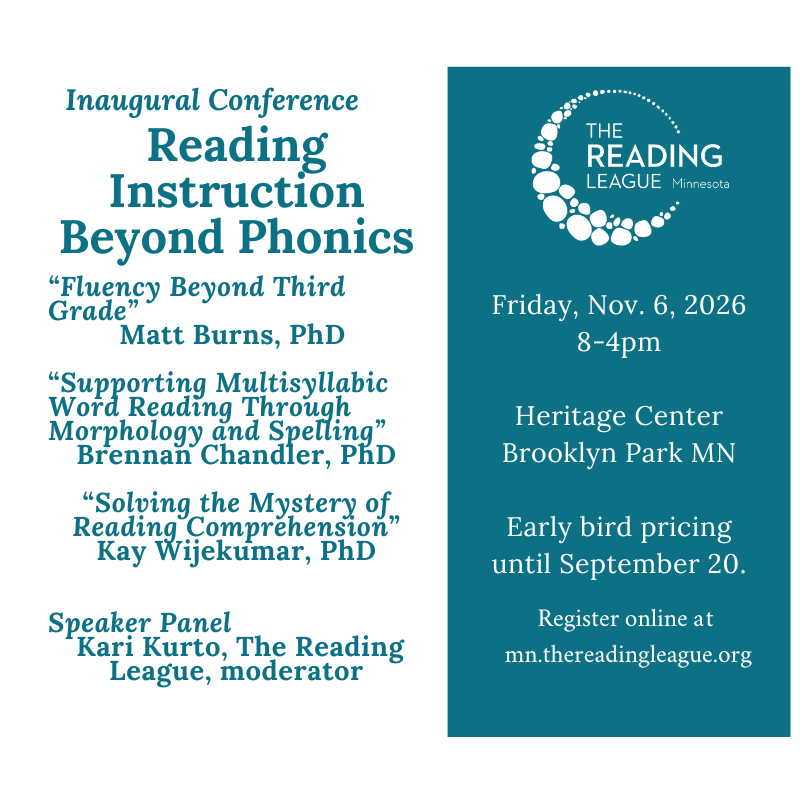 A teal flyer announces the Inaugural Conference "Reading Instruction Beyond Phonics" with speaker details on the left and event information on the right, including the date, time, location, and registration website.