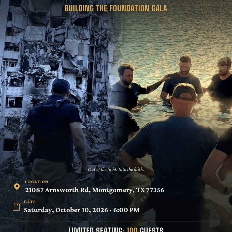 A split image shows a destroyed building in the foreground and men wading in water in the background, with event details overlaid.