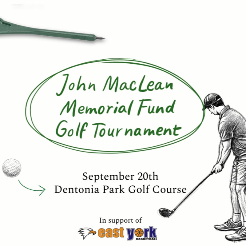 A golfer swings at a ball in front of a flyer for the John MacLean Memorial Fund Golf Tournament, with a green pen visible at the top.