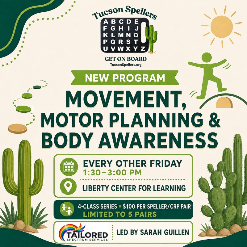 Cacti and a sun adorn the background, while the foreground features a colorful flyer announcing a new program on movement, motor planning, and body awareness.