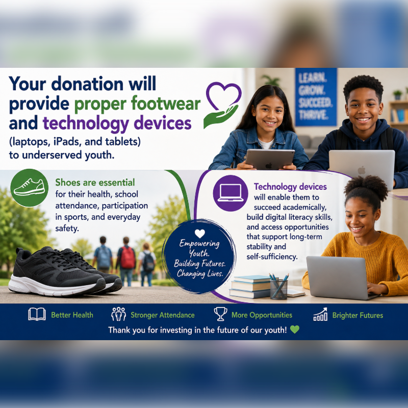 In the foreground, a pair of black sneakers sits next to text about the importance of shoes, while in the background, smiling children use laptops and tablets in a classroom setting.