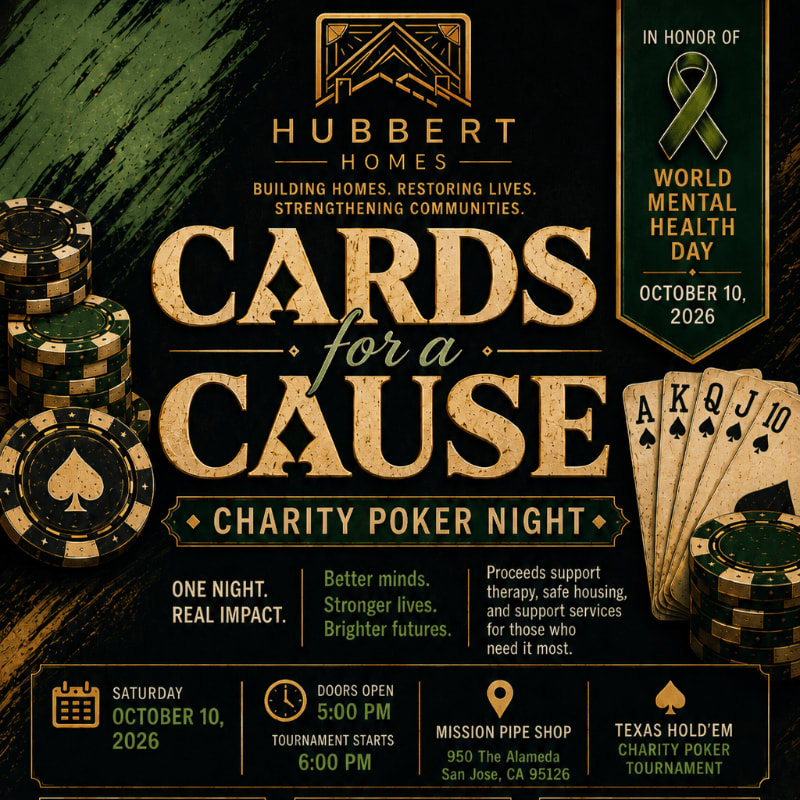 Poker chips and playing cards are in the foreground, with a promotional poster for a charity poker night in honor of World Mental Health Day in the background.