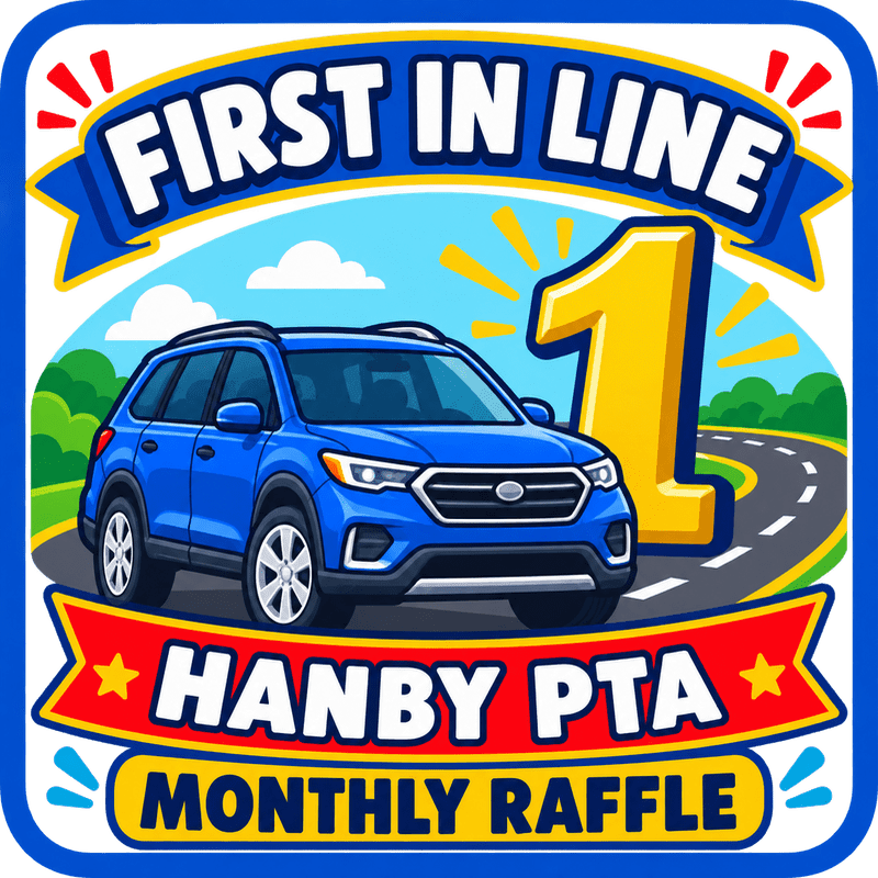 A blue SUV is parked on a winding road in front of a large yellow number "1" and a banner that reads "FIRST IN LINE HANBY PTA MONTHLY RAFFLE" against a backdrop of green hills and a blue sky.