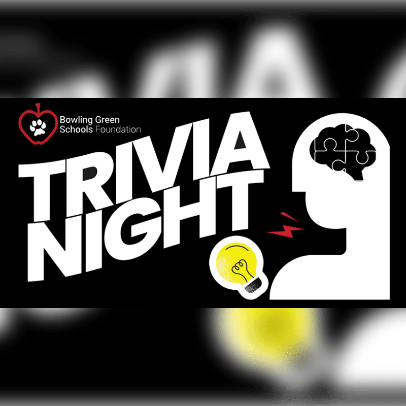 A bright yellow lightbulb and a stylized head with a puzzle-piece brain are in the foreground, while the words "TRIVIA NIGHT" and the Bowling Green Schools Foundation logo are in the background.