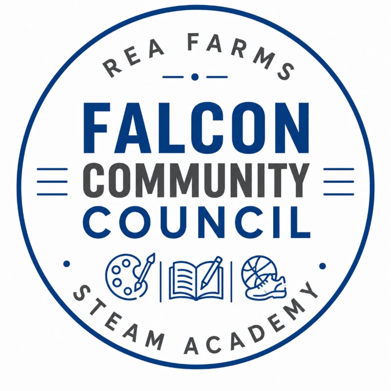 A circular logo with "REA FARMS FALCON COMMUNITY COUNCIL STEAM ACADEMY" written around the edge, featuring icons of art, books, and a basketball in the foreground, set against a white background.