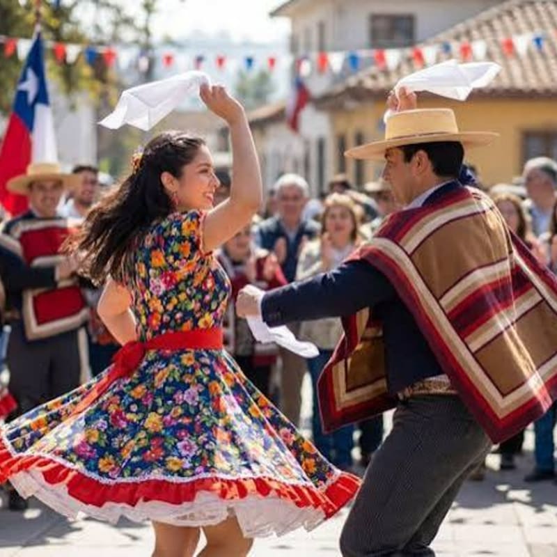 A couple in traditional Chilean attire dances joyfully in the foreground, while a festive crowd and colorful banners fill the background.