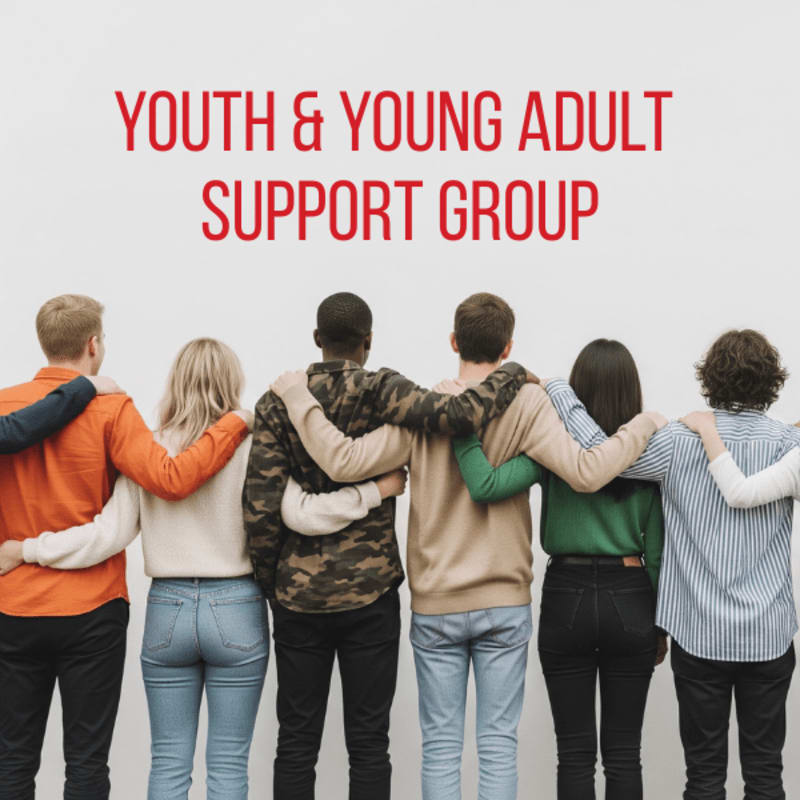 A diverse group of young adults stands with arms around each other in front of a white wall with red text that reads "YOUTH & YOUNG ADULT SUPPORT GROUP."