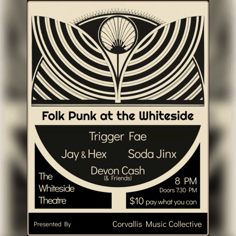 A vintage-style poster advertises "Folk Punk at the Whiteside" featuring multiple bands and event details against a cream and black background.