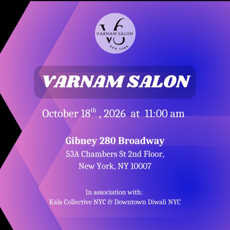 A purple and pink gradient background with geometric shapes frames an event announcement for Varnam Salon, listing the date, time, and location in New York City.