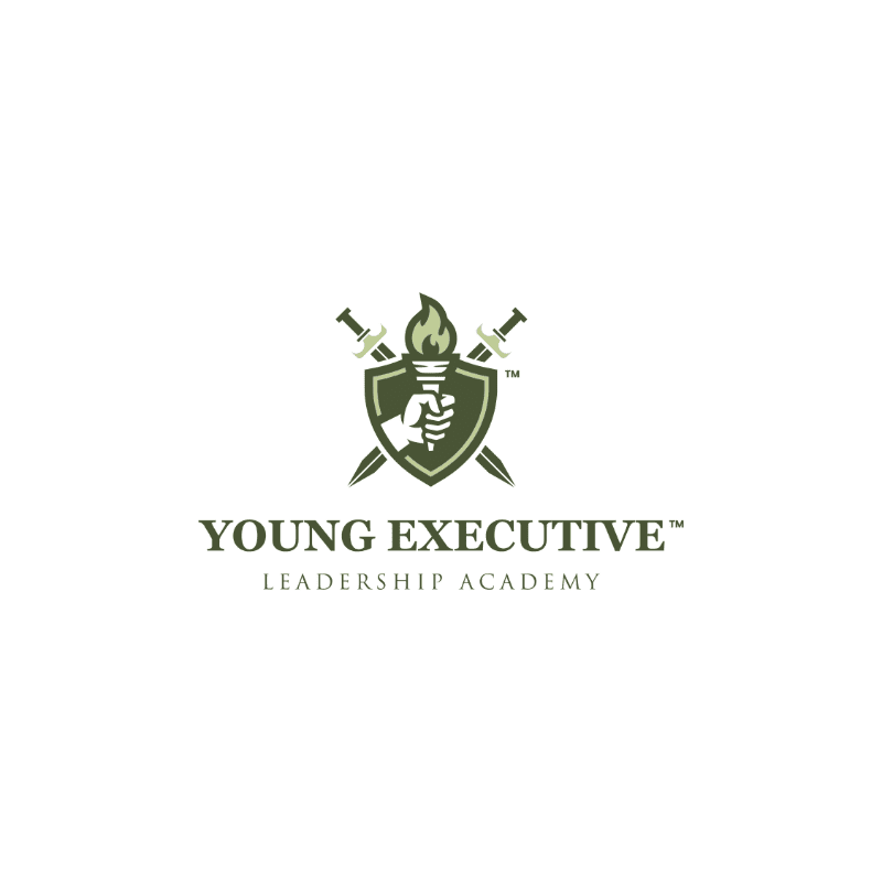 A shield with a torch and crossed swords in the foreground is set against a white background with the text "YOUNG EXECUTIVE LEADERSHIP ACADEMY" below.