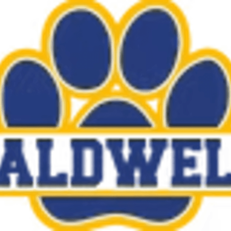 A blue paw print with a yellow outline sits above the word "ALDWEL" in white letters on a blue background, all framed by a yellow border.