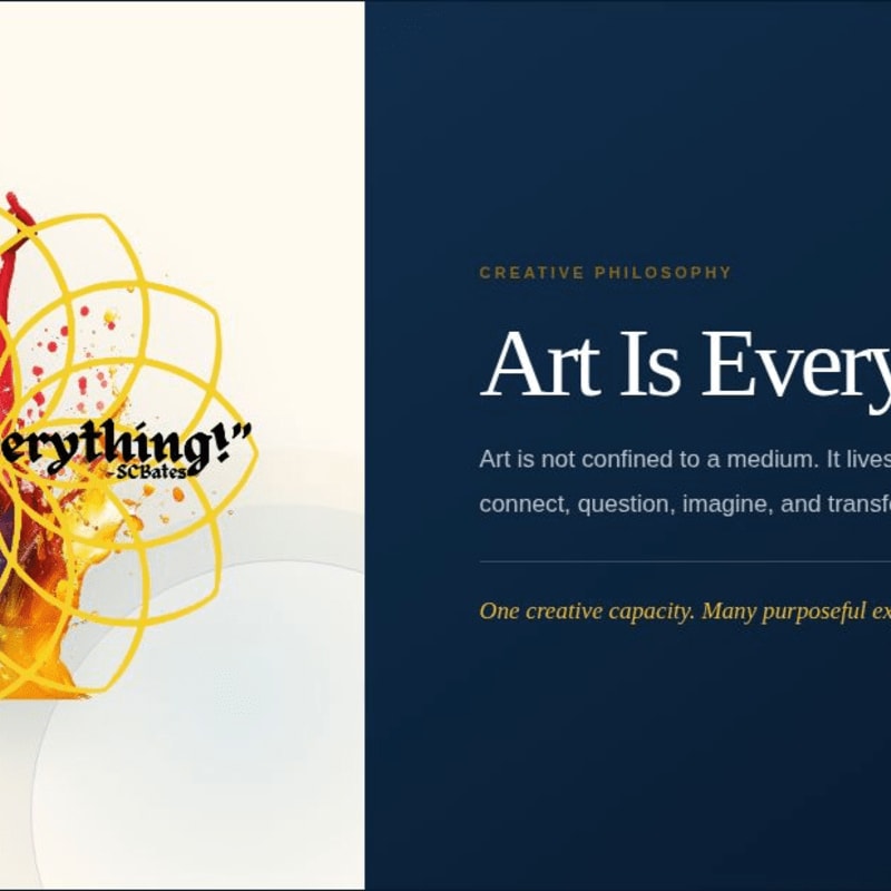 A vibrant splash of yellow and orange paint with scribbled lines dominates the left foreground, while the right background features dark blue text about creative philosophy and art.
