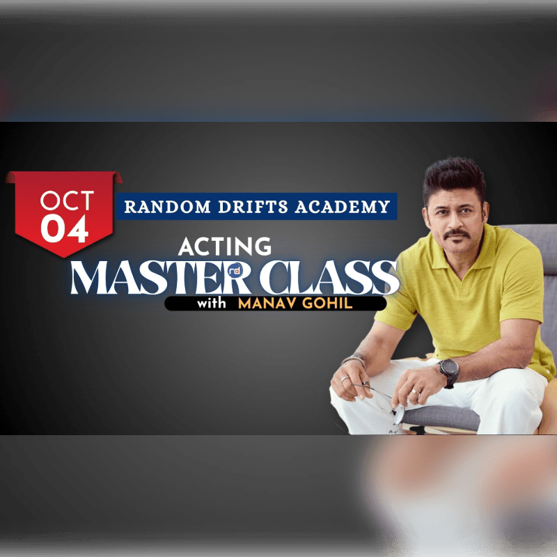 A man in a yellow shirt sits in a chair in the foreground, while the background displays an advertisement for an acting masterclass.