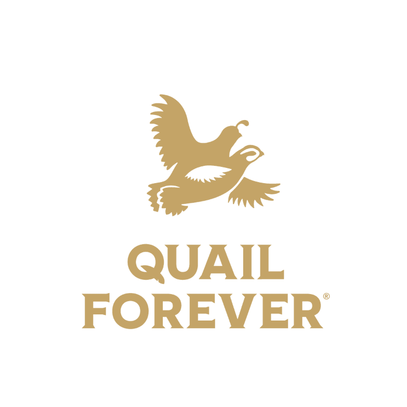A golden quail in flight is centered above the words "QUAIL FOREVER" on a white background.