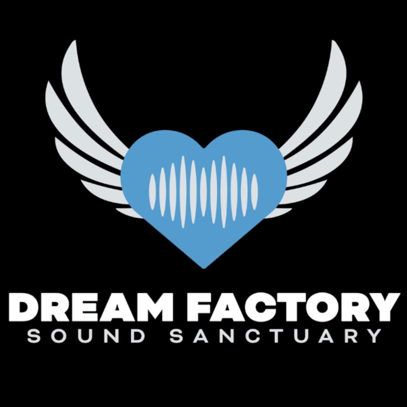 A blue heart with sound waves inside, flanked by white wings, is centered above the words "DREAM FACTORY SOUND SANCTUARY" on a black background.