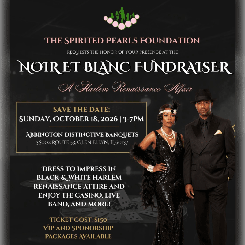 A couple dressed in 1920s attire stands in the foreground against a background of event details for a "Noir et Blanc Fundraiser."