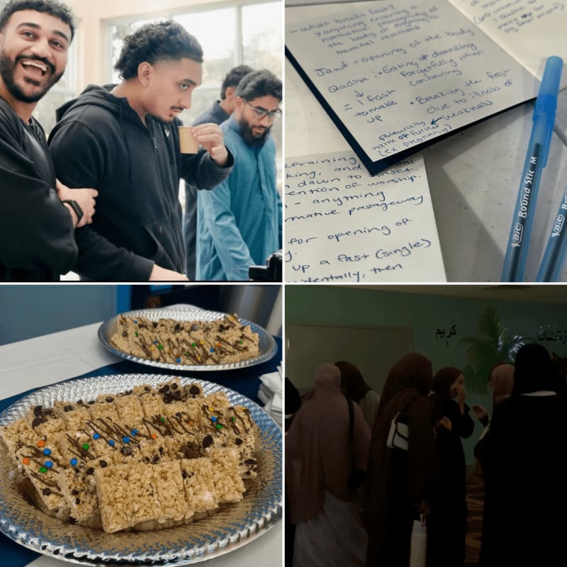 Four images show a group of men laughing, a notebook with handwritten notes and pens, a platter of rice krispie treats, and a group of women in hijabs.