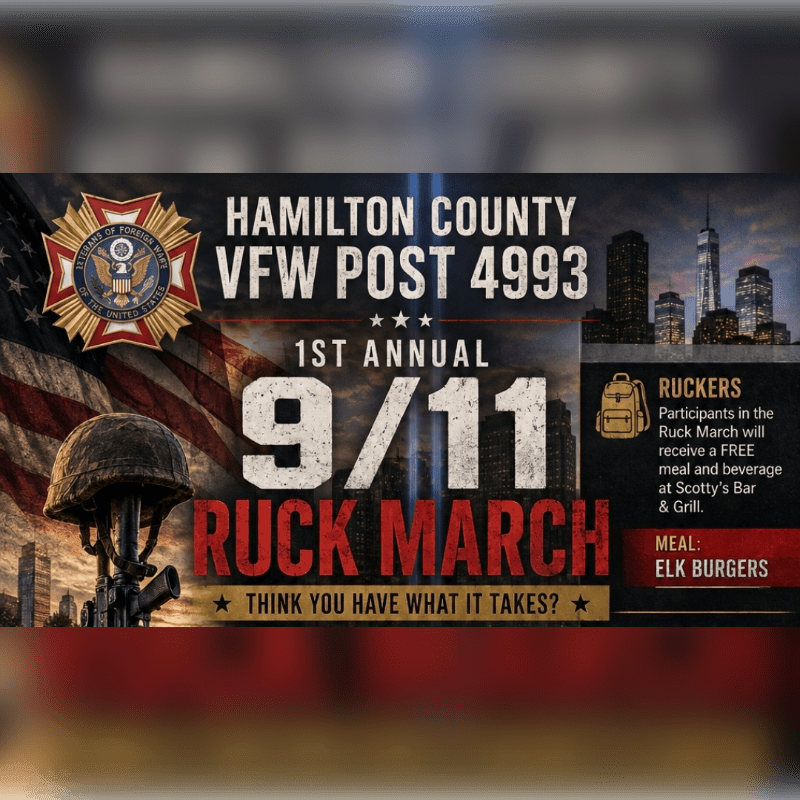 A helmet rests on a rifle in the foreground against a backdrop of the American flag and city skyline, advertising the 1st Annual 9/11 Ruck March hosted by Hamilton County VFW Post 4993.
