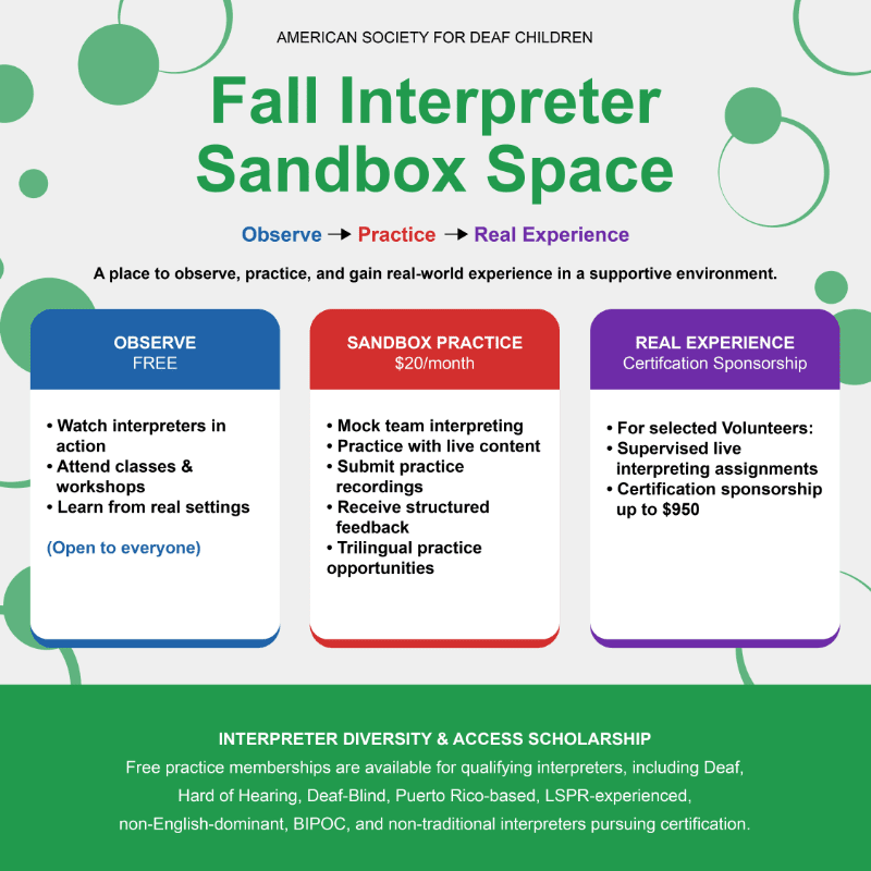 Green circles dot the background behind a foreground of three colored boxes detailing interpreter training opportunities.