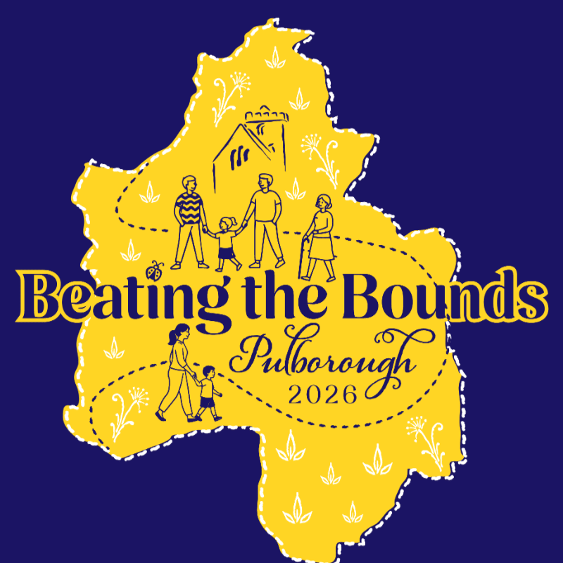 A yellow map outline of Pulborough, featuring a dotted path with illustrations of families and flowers, is set against a dark blue background with the text "Beating the Bounds Pulborough 2026" in the foreground.