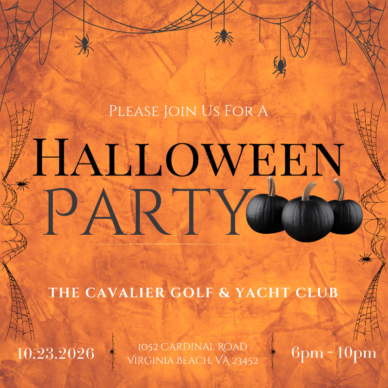 A Halloween party invitation with black pumpkins in the foreground and a spiderweb border against an orange textured background.
