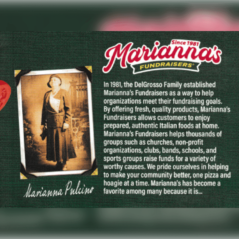 A sepia-toned photograph of Marianna Pulcino is in the foreground, with text about Marianna's Fundraisers filling the background.