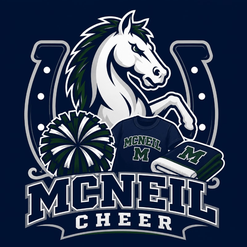 A white horse with a dark mane rears up behind a horseshoe, with a pom-pom, t-shirt, and towel in front, all against a dark blue background with "MCNEIL CHEER" written below.