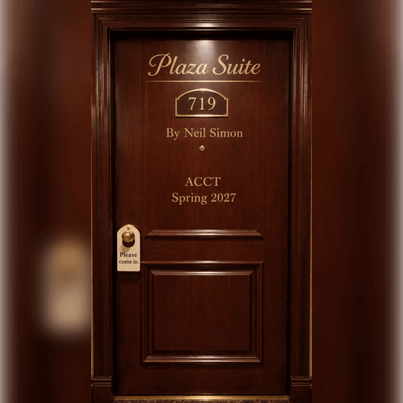 A dark wooden door with "Plaza Suite 719" and "By Neil Simon" inscribed in gold lettering is centered in the frame, with a "Please come in" sign hanging from the doorknob, set against a softly blurred, dimly lit hallway.