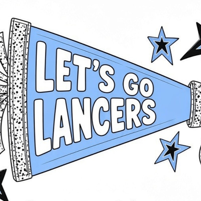 A light blue megaphone with "LET'S GO LANCERS" written in white is surrounded by black and blue stars.