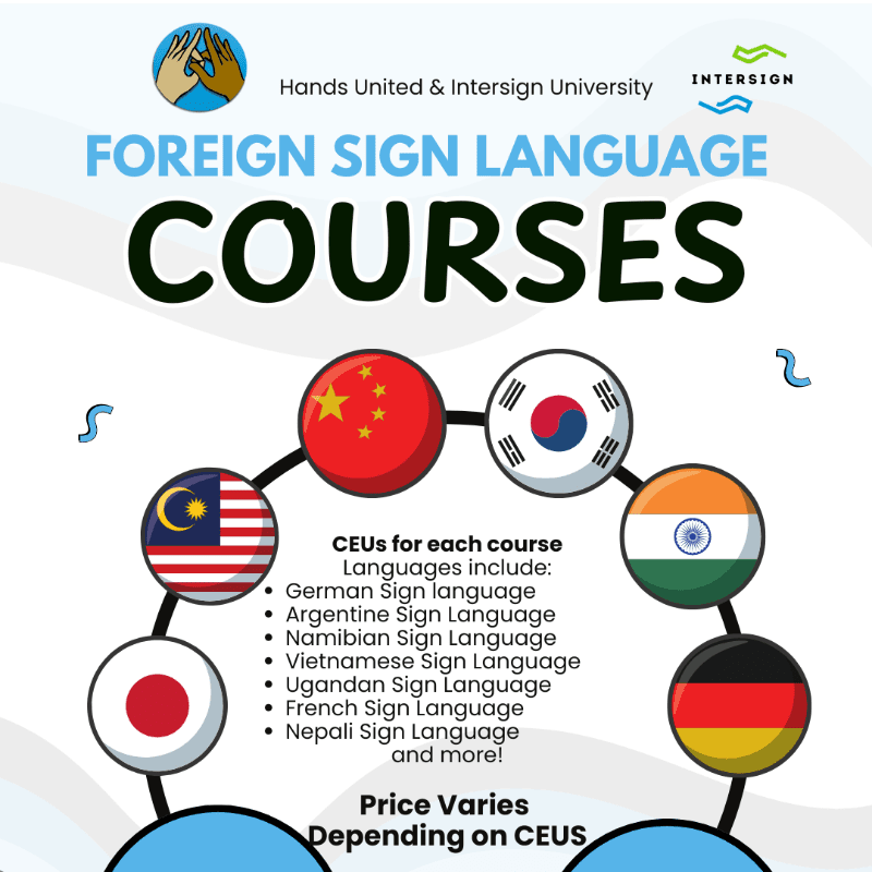 Flags of various countries encircle a list of foreign sign language courses offered by Hands United & Intersign University, with a light blue background.