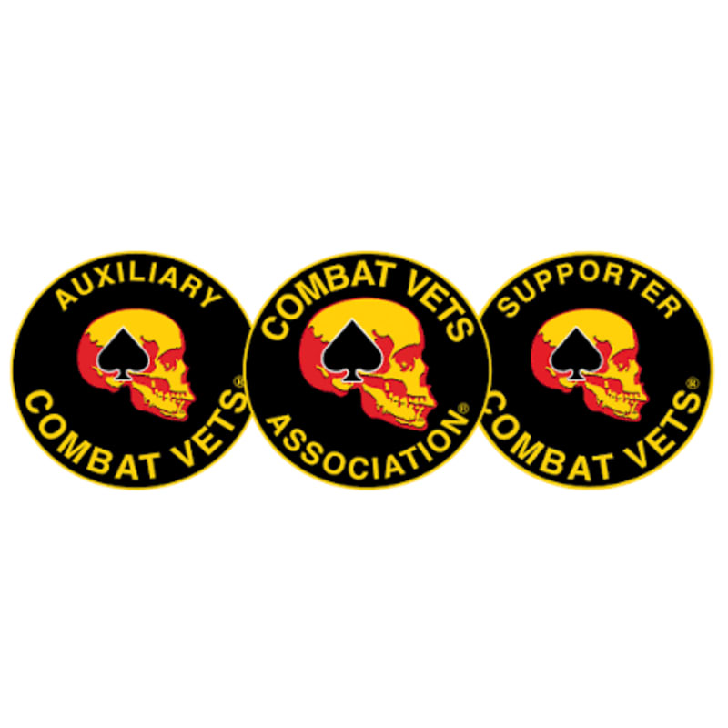 Three circular emblems featuring a skull and spade design are arranged horizontally against a white background.