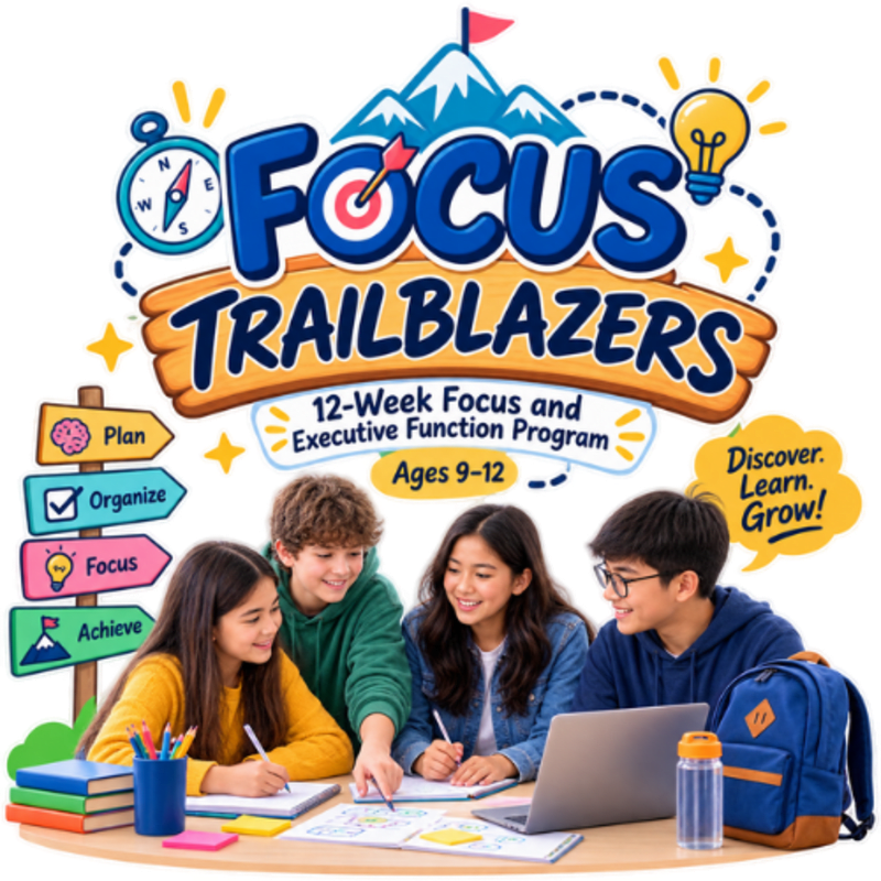 Four children collaborate on a project at a table in the foreground, while a colorful "Focus Trailblazers" logo with mountains and a compass adorns the background.