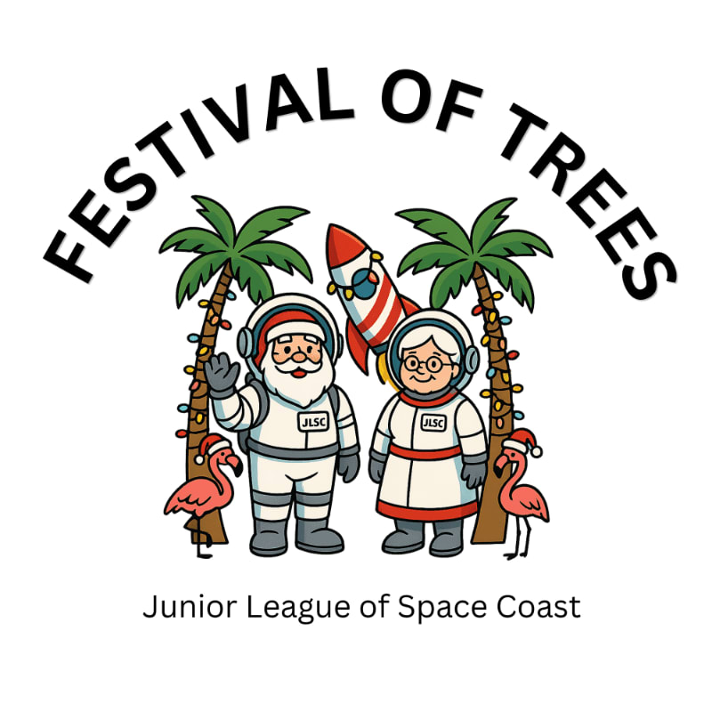 Santa and an elderly woman in astronaut suits stand between palm trees decorated with lights and flamingos, with a rocket behind them, all under the words "FESTIVAL OF TREES" and above "Junior League of Space Coast".