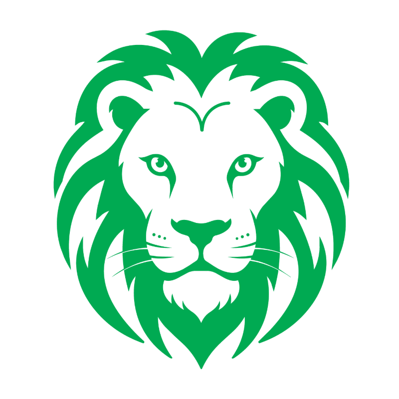 A stylized green lion's head with a white background.