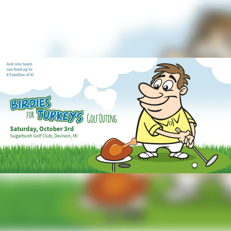 A cartoon golfer with a turkey on a grill in the foreground plays on a golf course with text announcing a "Birdies for Turkeys Golf Outing" in the background.