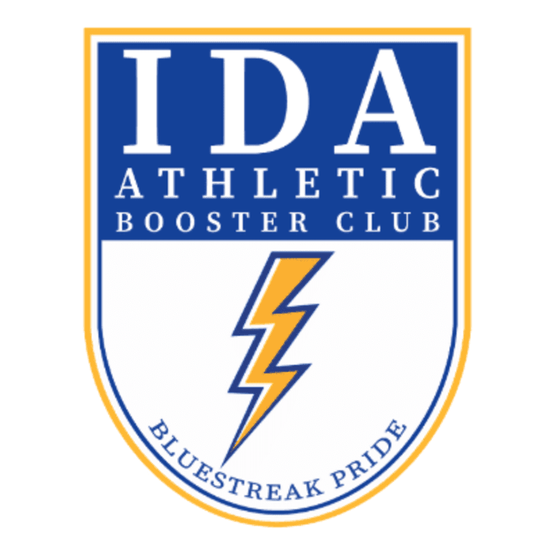 A blue and white shield with yellow trim features the text "IDA ATHLETIC BOOSTER CLUB" at the top and a yellow lightning bolt with a blue outline below, all on a white background.