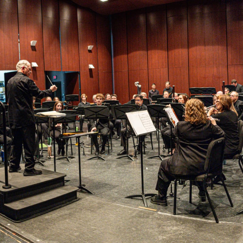 A conductor leads an orchestra in a concert hall with wooden paneling.