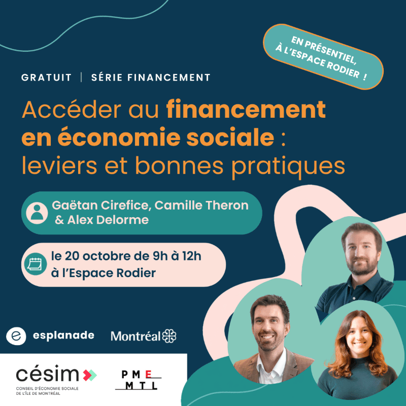 A dark blue background with abstract pink and white shapes frames a graphic advertising a free financing series on social economy, featuring three smiling speakers in the foreground and event details on the left.
