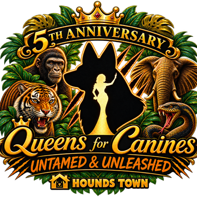 A tiger, gorilla, elephant, and snake are featured in the foreground, surrounding a silhouette of a woman within a dog's head, all set against a jungle-themed background with a crown and text indicating "5th Anniversary Queens for Canines Untamed & Unleashed Hounds Town."